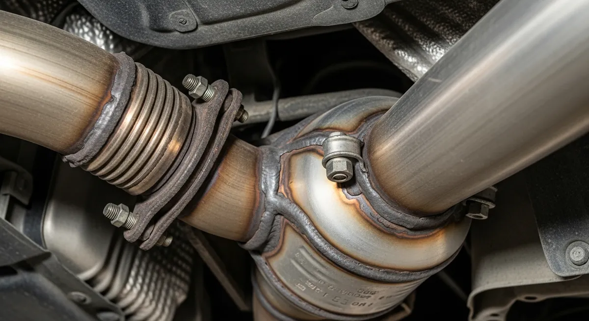 Vue rapprochée d'un catalyseur automobile sous un véhicule, montrant le système d'échappement en atelier